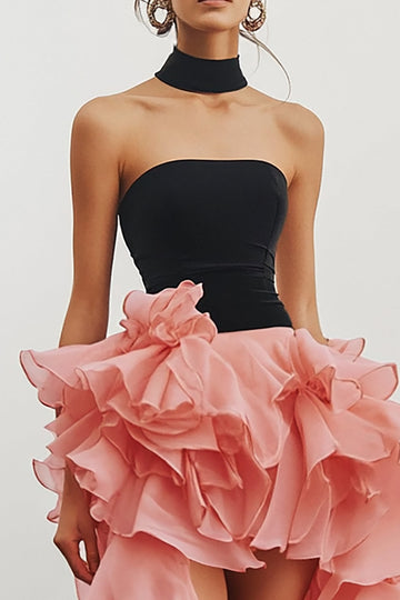 Black Pink Strapless High-Low Long Formal Dress with Ruffles